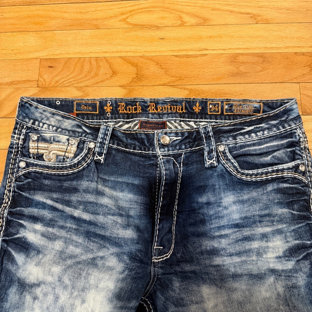 Rock Revival DeLu Blue Acid Wash Mid Rise Straight 34x34 - Picture 2 of 3